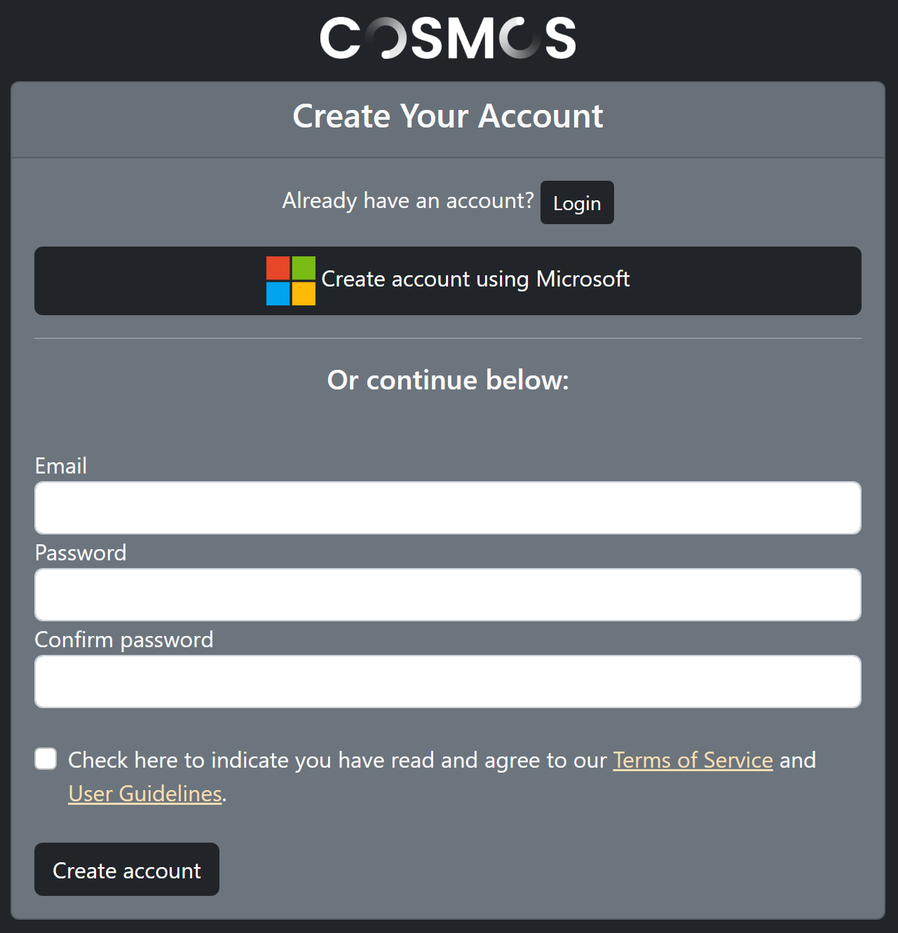 Screen shot of account creation with Microsoft enabled.